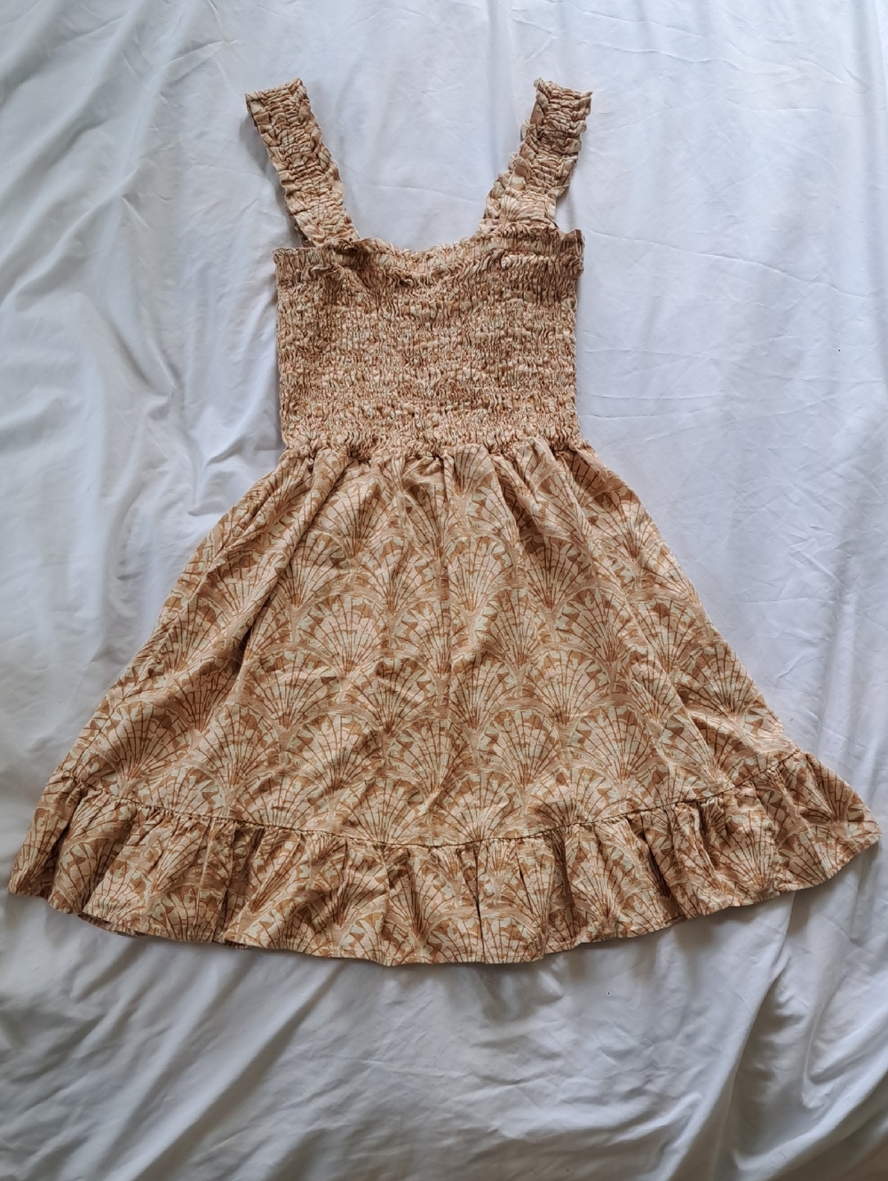Madewell Lucie Smock Linen Blend Sun Dress with Tan And Pink Leaf Print - Size S